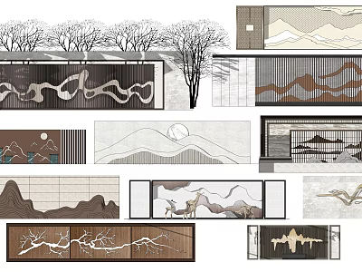Landscape Wall Design Featuring Mountain Patterns Trees Moon Deer And Natural Elements 3d model