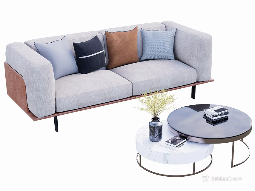 Modern Grey Sofa With Colorful Pillows And Round Coffee Table Setup 3d model