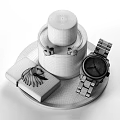Ornamental Decor Set With Black Perfume Bottle Golden Bracelet Silver Watch On Silver Tray