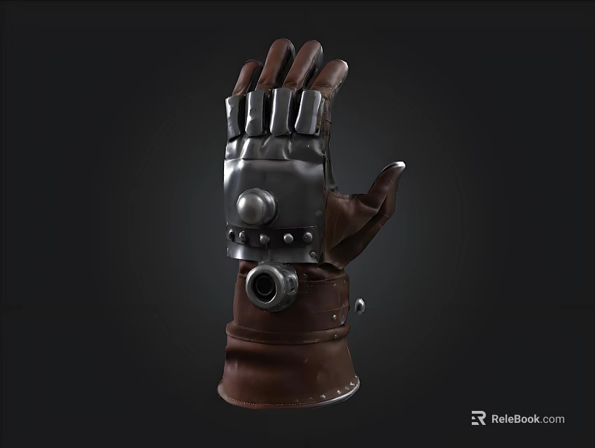 Brown Leather Mechanical Glove With Metal Armor And Riveted Design Details 3d model 