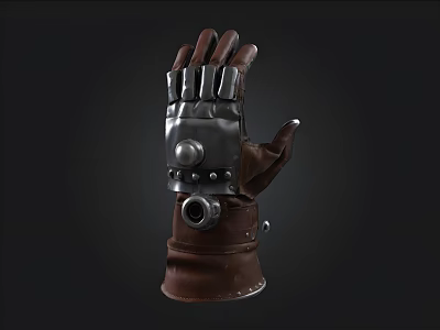 Brown Leather Mechanical Glove With Metal Armor And Riveted Design Details 3d model