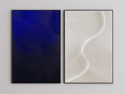 Two Abstract Wall Art Paintings With Blue White Wavy Lines And Black Frames 3d model