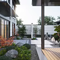 Modern Courtyard Garden Design With Stone Patio Potted Pine Circular Wall And Greenery