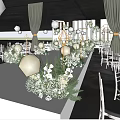 Banquet Hall with Green Curtains White Carpet and Fresh Flower Decorations