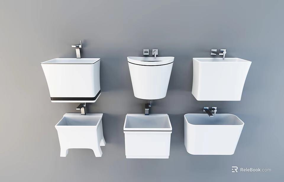 White Wall Mounted Washbasins With Various Designs For Daily Bathroom Use 3d model 