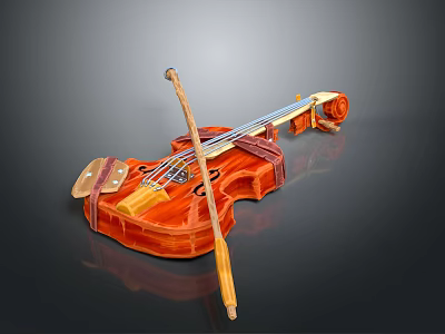Glossy Red Wooden Violin With Bow For Home Daily Musical Use 3d model