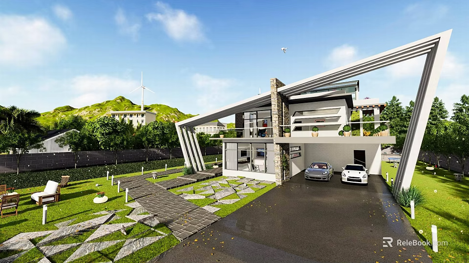 Modern Single Family Villa Exterior With Landscaped Garden And Double Garage 3d model 