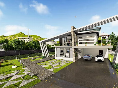Modern Single Family Villa Exterior With Landscaped Garden And Double Garage 3d model