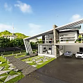 Modern Single Family Villa Exterior With Landscaped Garden And Double Garage
