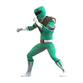 Green Superhero Wearing Helmet And Green Uniform In Dynamic Combat Stance