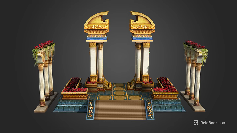 Ornate Entrance Gate With Golden Decorative Tops White Columns And Red Flower Beds 3d model 