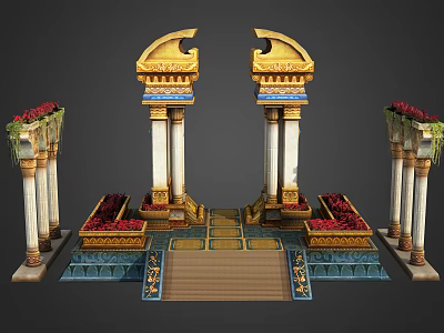 Ornate Entrance Gate With Golden Decorative Tops White Columns And Red Flower Beds 3d model
