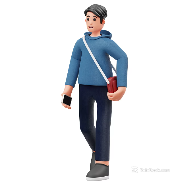 A Man Walking In Casual Blue Hoodie With Red Crossbody Bag Holding Mobile Phone 3d model 