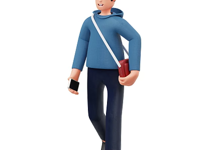 A Man Walking In Casual Blue Hoodie With Red Crossbody Bag Holding Mobile Phone 3d model