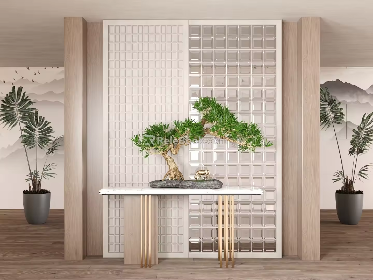 New Chinese Style Glass Partition New Chinese Style End View Platform Bonted Plant Green Pine 3d model