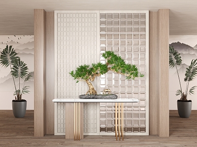 New Chinese Style Glass Partition New Chinese Style End View Platform Bonted Plant Green Pine 3d model