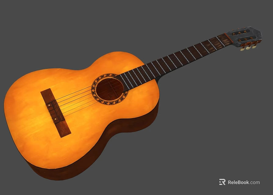 Classical Yellow Wooden Guitar With Painting Brushes And Art Tools 3d model 