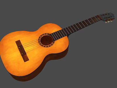 Classical Yellow Wooden Guitar With Painting Brushes And Art Tools 3d model