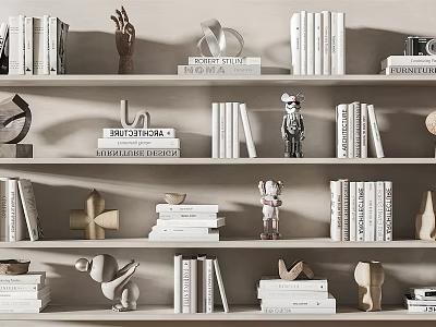 Ornamental Decor Collection On Bookshelf With Books Hand Sculpture Geometric Art And Camera 3d model