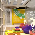 School Modern Student Space With Colorful Walls Geometric Patterns Hello Go Signage And Bench Seating