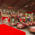 Traditional Chinese Food Street Restaurant With Red Lanterns Neon Signs And Long Tables
