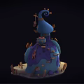 Cartoon Blue Purple House With Spiral Top Wooden Structures And Sandy Base