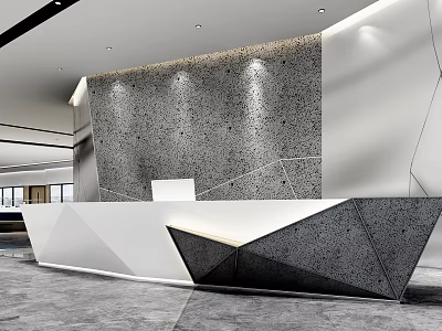 Modern Geometric Reception Desk Design With Textured Wall And Recessed Lighting 3d model