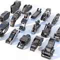 Various Black Industrial Equipment Parts and Mechanical Components Arranged on White Background