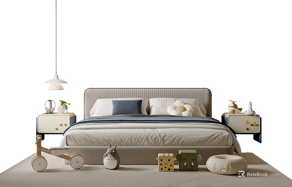 Modern Kids Bed With Upholstered Headboard Wheeled Nightstands Decorative Pillows And Toys 3d model 