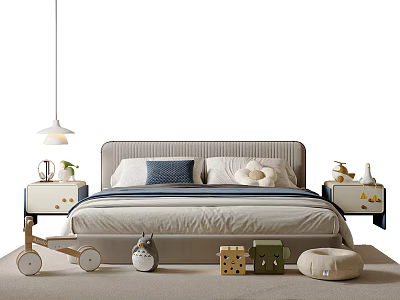Modern Kids Bed With Upholstered Headboard Wheeled Nightstands Decorative Pillows And Toys 3d model