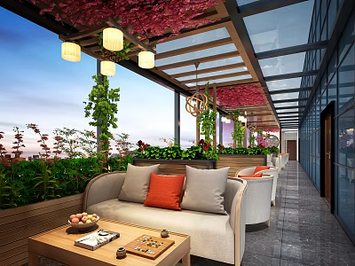 Hotel Public Lounge Terrace with Pink Flower Trellis Hanging Lights Green Plants and Comfortable Sofa 3d model