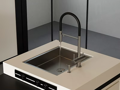 Black Stainless Steel Kitchen Faucet On Light Colored Countertop With Modern Sink 3d model