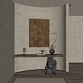 Earthy Tone Interior With Wooden Console Table Vase Flower Branch Decorative Item And Books