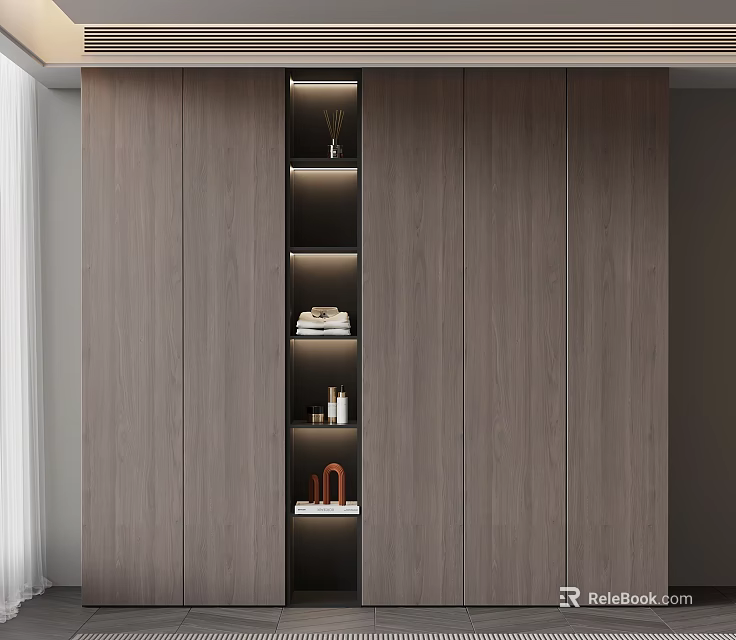 Modern Wooden Wardrobe With Built in LED Lit Open Shelves And Storage For Towels Decor 3d model 