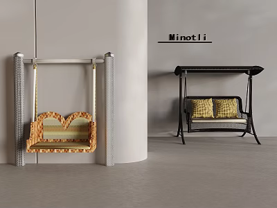 Minotti Stylish Hanging Chairs With Wooden Frame Striped Design And Metal Structure Yellow Cushions 3d model