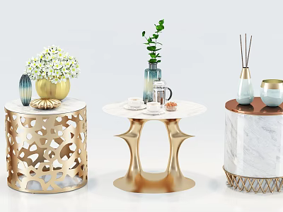 Modern Round Side Tables with Gold Metal Bases and Marble Tops Decorative Items 3d model