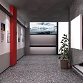 Carnation Exhibition Space With Red Pillars Gray Walls And Display Beds