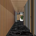 Modern Hotel Corridor With Wooden Panel Walls Lighting Strips Floor Patterns And Green Plants