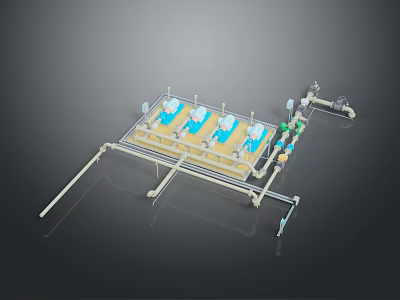 Industrial System With Blue Components Piping Framework And Valves 3d model