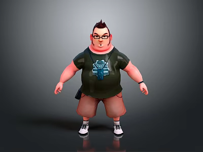 3D Cartoon Male Character Wearing Green T-Shirt Brown Shorts White Sneakers and Glasses 3d model