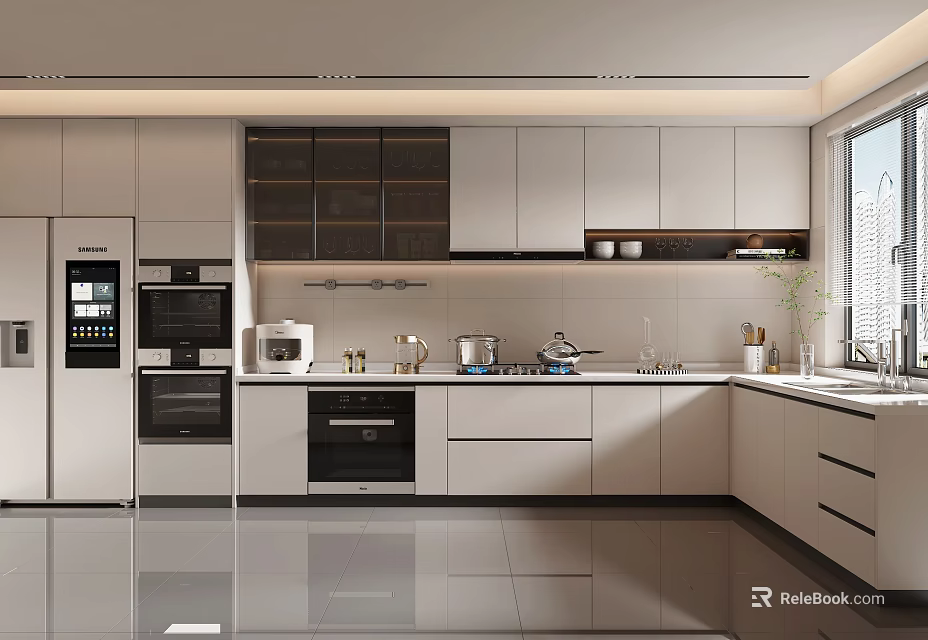 Modern Kitchen Interior With White Cabinets Built In Appliances And Sleek Countertops 3d model 