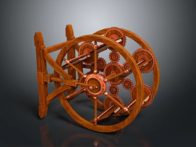Ancient Intricate Mechanical Weapon Featuring Wooden Frame And Copper Rotating Gears 3d model