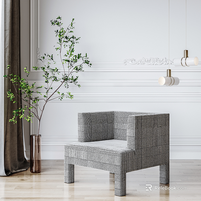Gray Striped Armchair With Green Plant Brown Vase White Wall Decorative Moldings And Pendant Lights 3d model 
