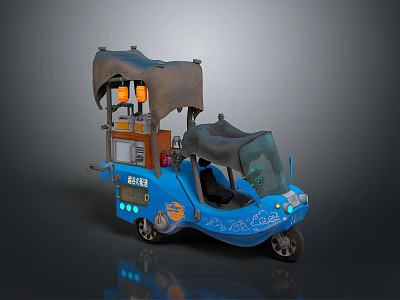 Blue Mobile Food Tricycle With Canopy Orange Lights Decorative Patterns And FOOD Sign 3d model