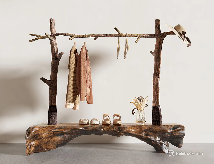 Natural Branch Clothes Rack With Hanging Clothes Hat And Wooden Base Slippers Vase 3d model 
