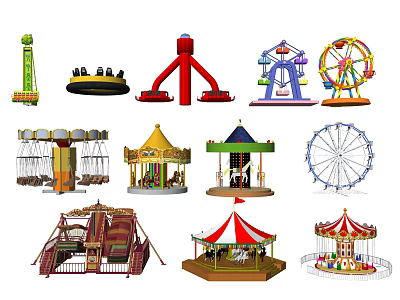 Various Amusement Park Rides Including Ferris Wheel Carousel Roller Coaster Bumper Cars And Swing Ride 3d model