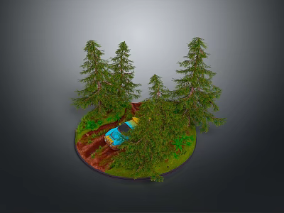 Blue Car Parked On Dirt Path Among Pine Trees And Green Grass 3d model