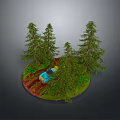 Blue Car Parked On Dirt Path Among Pine Trees And Green Grass