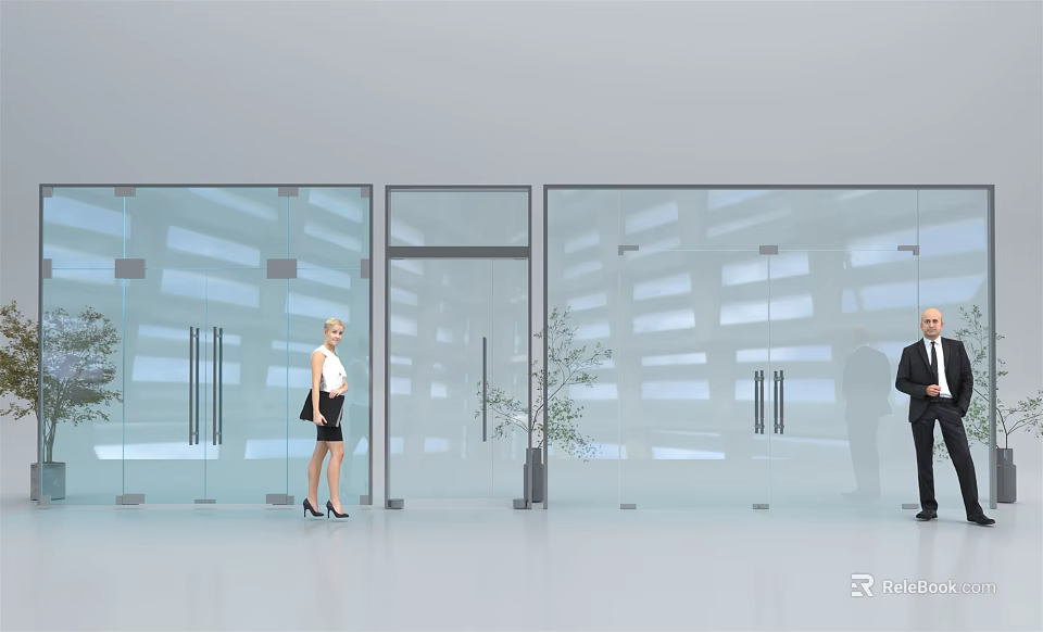 Modern Glass Door Entrance With Two Business People And Interior Plants 3d model 