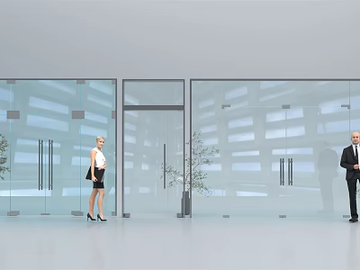 Modern Glass Door Entrance With Two Business People And Interior Plants 3d model